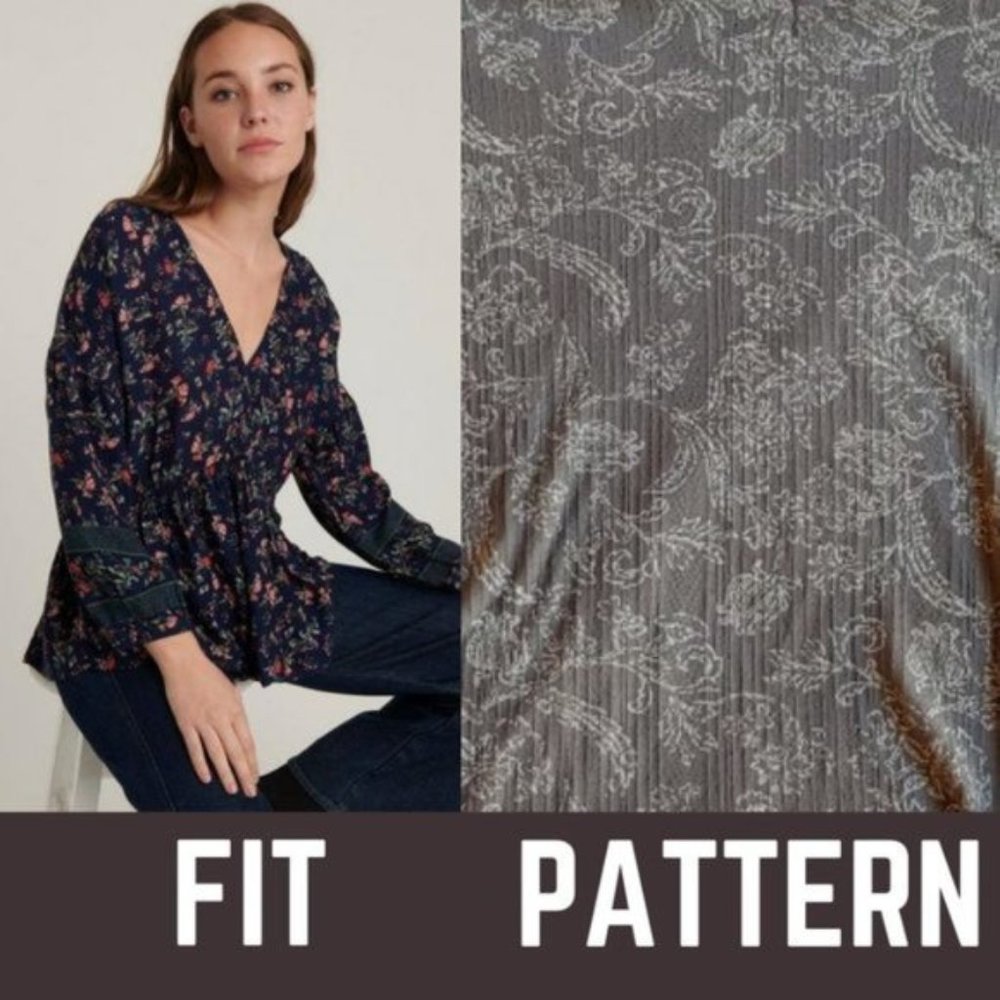 Lucky Brand Gray Paisley V-Neck Peasant Top